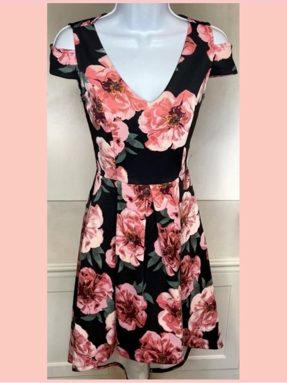Floral V-Neck Cold-Shoulder Fit & Flare Dress in Pink on Black